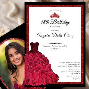 Invitation Robe rouge et diadème pour les 18 ans