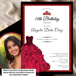 Invitation Robe rouge et diadème pour les 18 ans