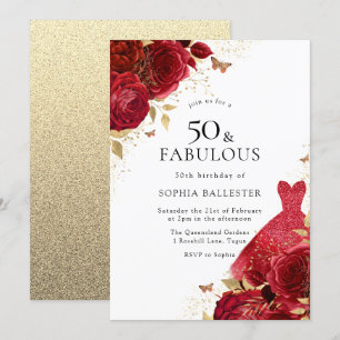 Invitation Robe rouge et Parties scintillant d'or Rose 50e an