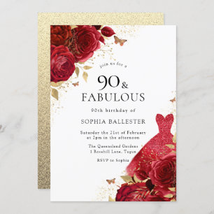 Invitation Robe rouge et Parties scintillant d'or Rose 90e an