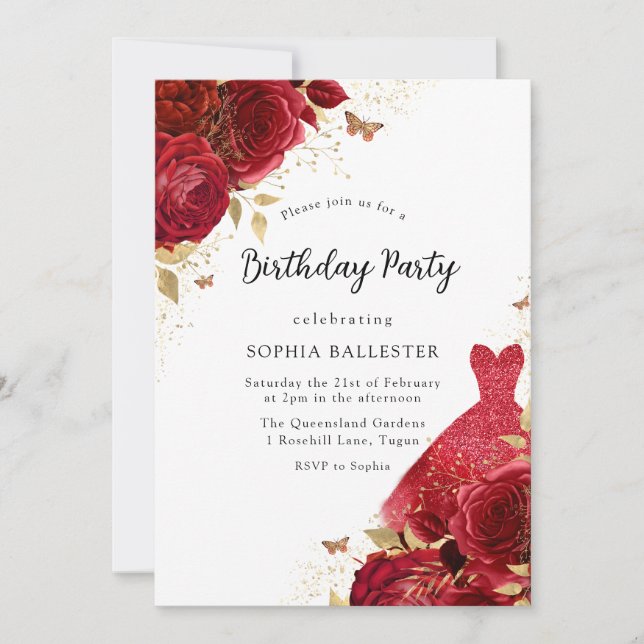 Invitation Robe rouge et Parties scintillant or Rose fête d'a (Devant)