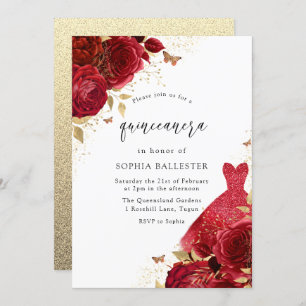 Invitation Robe rouge et Parties scintillant or Rose Quincean