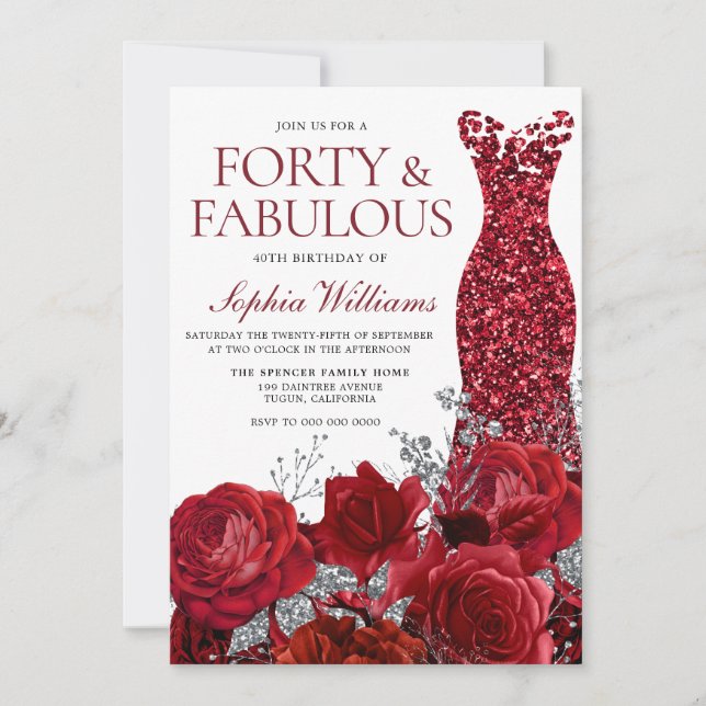 Invitation Robe rouge étincelante & Rose fête du 40e annivers (Devant)