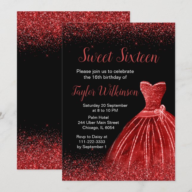 Invitation Robe Rouge Lumineuse Faux Parties scintillant Douc (Devant / Derrière)