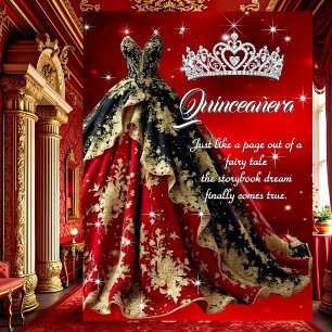 Invitation Robe rouge or et noir pour fête d'anniversaire de