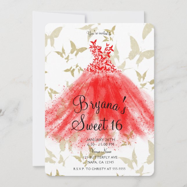 Invitation Robe Rouge & Or Papillon Dance Sweet 16 Party (Devant)