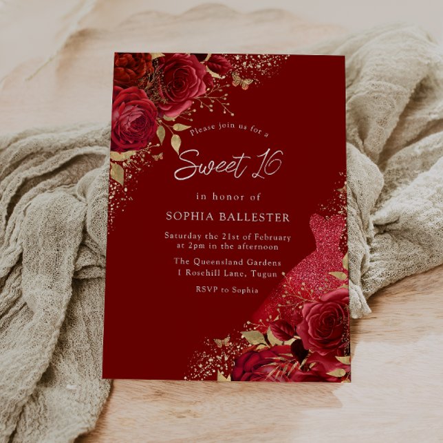 Invitation Robe Rouge & Or & Rose Sweet 16 Party (Créateur téléchargé)