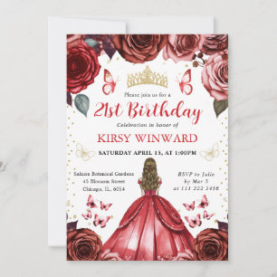 Invitation Robe Rouge Princesse aux Cheveux Blonds Anniversai