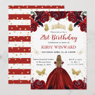 Invitation Robe Rouge Profond Cheveux Blonds Anniversaire Pri