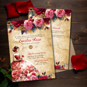 Invitation Robe Rouge Quinceanera or Thème de parchemin Vinta