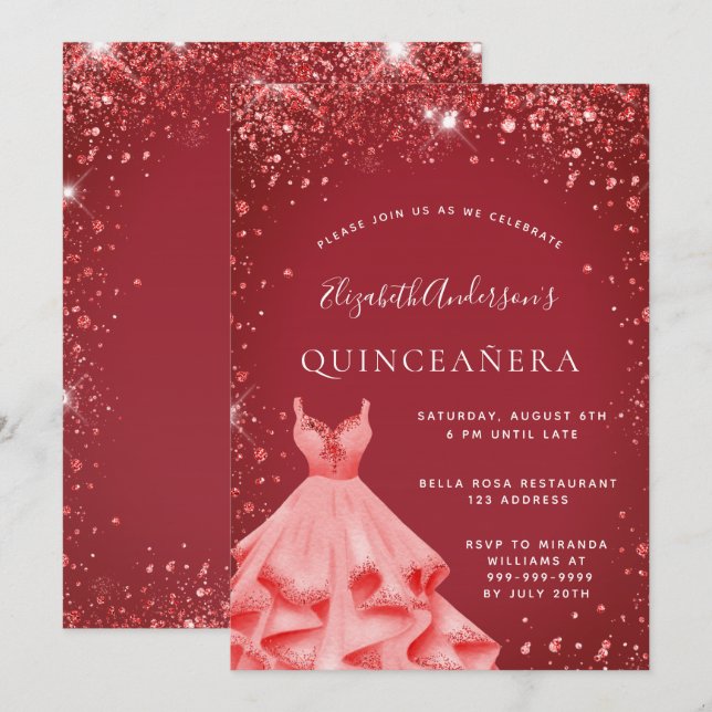 Invitation Robe rouge Quinceanera parties scintillant (Devant / Derrière)