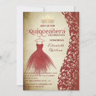 Invitation Robe rouge vintage damé or tiara Quinceañera