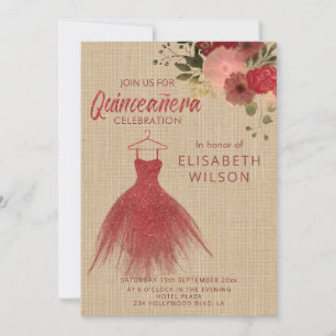 Invitation Robe rouge vintage lin Quinceañera