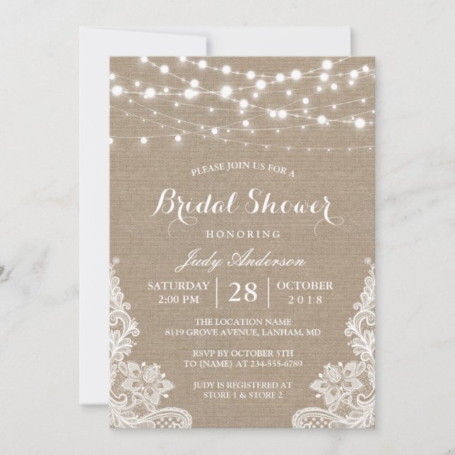 Invitation Robe Rustique Burlap Lumières dentelle Fête des ma (Devant)