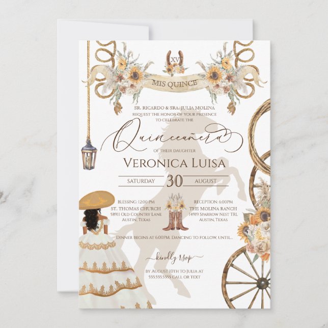 Invitation Robe Rustique Floral Tournesol Charro Quinceañera (Devant)