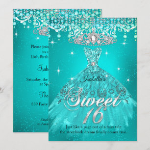 Invitation Robe sarcelle aqua avec diadème pour les 16 ans de