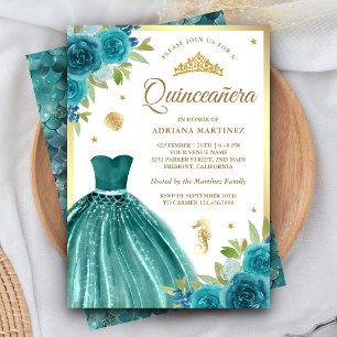 Invitation Robe sarcelle sous la mer Mermaid Quinceanera doré