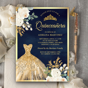Invitation Robe scintillante ivoire florale marine or Quincea