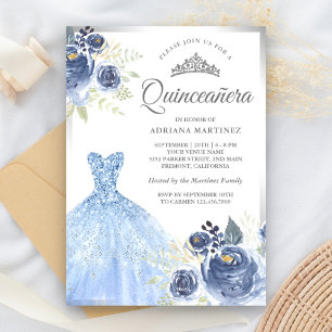 Invitation Robe scintillante roses bleues douces argentée Qui