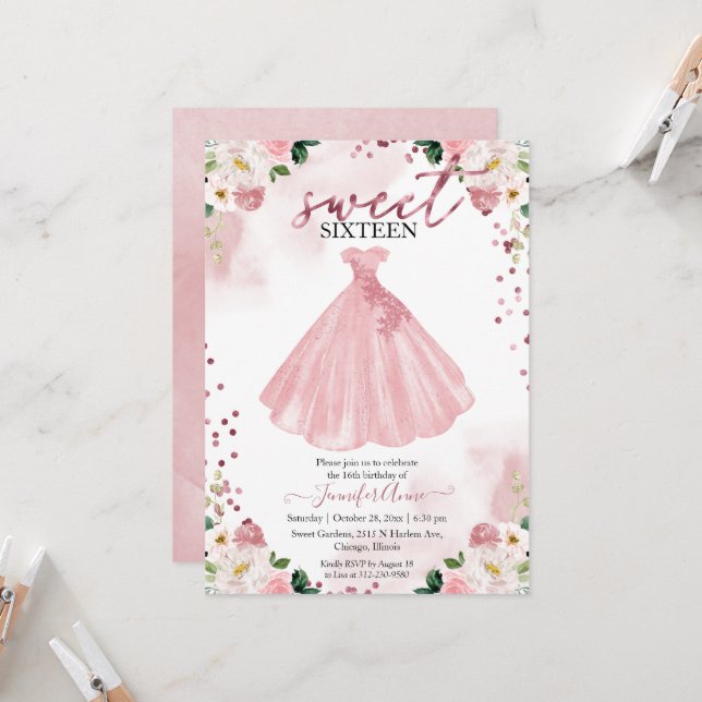 Invitation Robe Sweet 16 Rose or Blush Aquarelle (Devant/Arrière en situation)