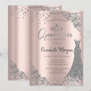 Invitation Robe Tiara Argent Stars Rose Gold Quinceañera