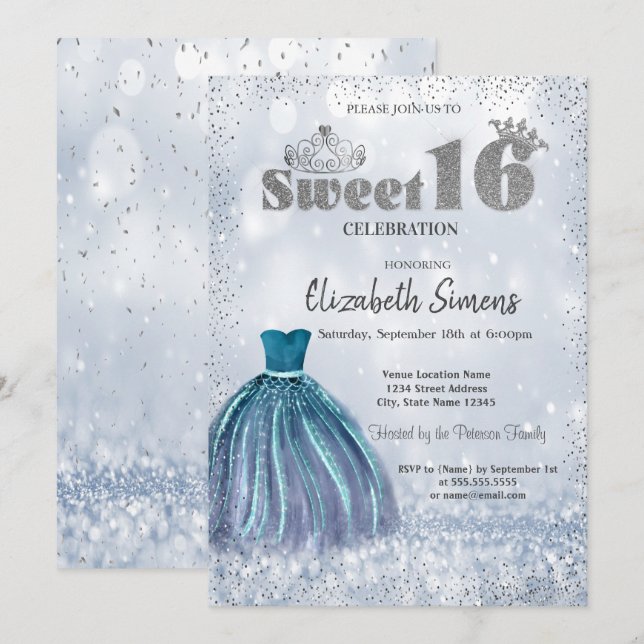 Invitation Robe, Tiara Confetti Princess Bokeh Sweet 16 (Devant / Derrière)