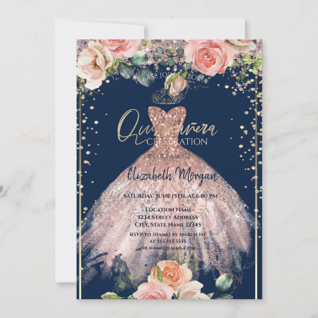 Invitation Robe Tiara, Diamants Roses Bleu Quinceañera (Devant)