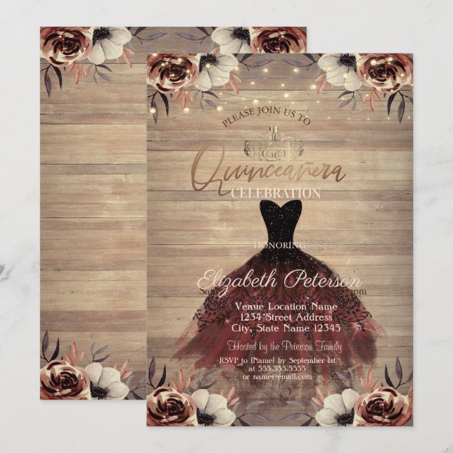 Invitation Robe, Tiara, Lumières Rose Wood Quinceañera (Devant / Derrière)