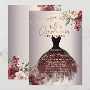 Invitation Robe, Tiara, Lumières Roses, Rose Gold Quinceañera