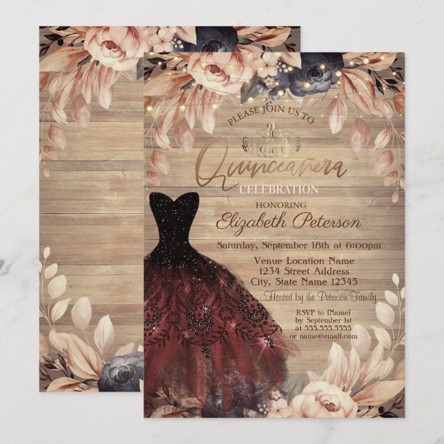 Invitation Robe, Tiara, Roses Bleu Bois Quinceañera (Devant / Derrière)