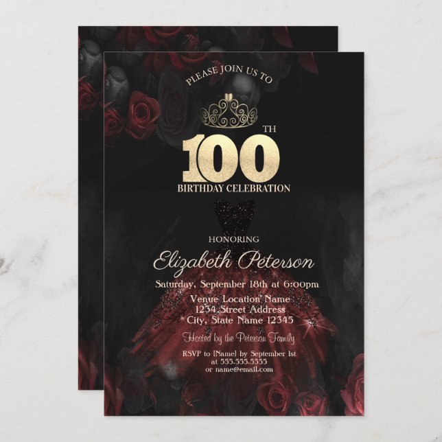 Invitation Robe, Tiara, Roses rouges 100e anniversaire (Devant / Derrière)