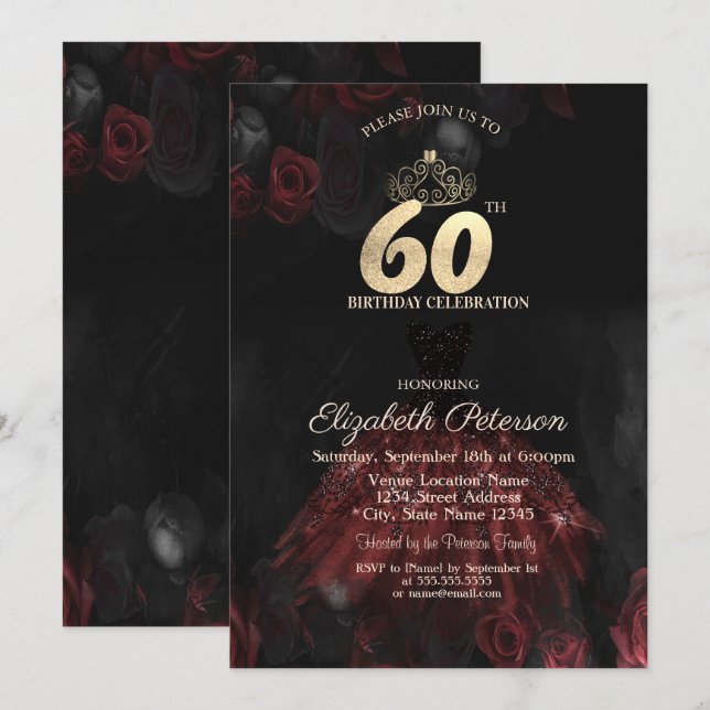 Invitation Robe, Tiara, Roses rouges 60e anniversaire (Devant / Derrière)