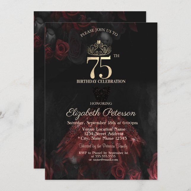 Invitation Robe, Tiara, Roses rouges 75e anniversaire (Devant / Derrière)