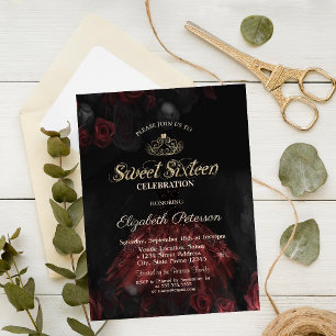 Invitation Robe, Tiara, Roses Rouges Douce 16