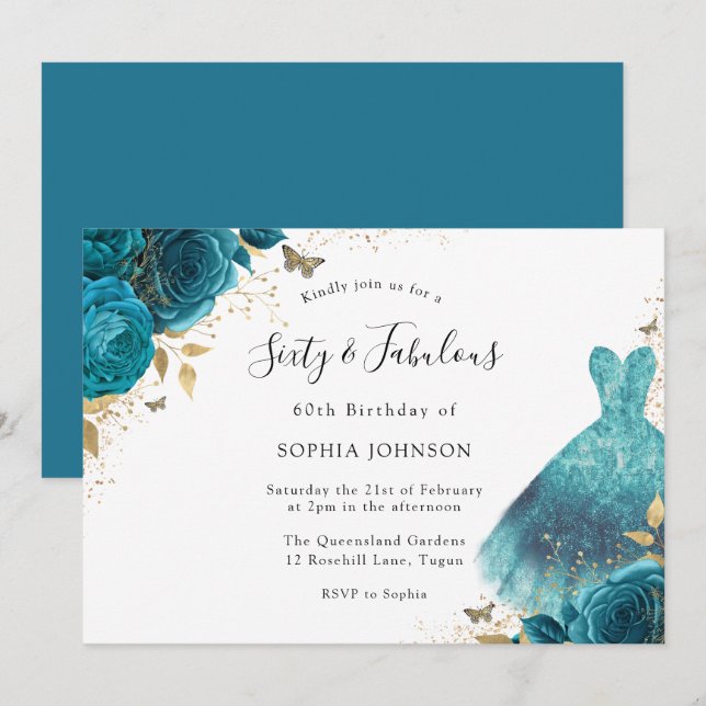 Invitation Robe turquoise et or Étincelle Rose 60e fête d'ann (Devant / Derrière)