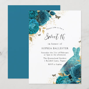 Invitation Robe turquoise et or Étincelle Rose Douce 16 Parti