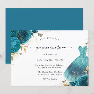 Invitation Robe turquoise et or étincelle Rose Quinceanera Pa