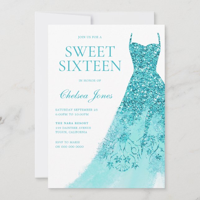 Invitation Robe turquoise étincelante Douce 16 Partie (Devant)