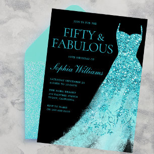 Invitation Robe turquoise étincelante Noir 50e fête d'anniver