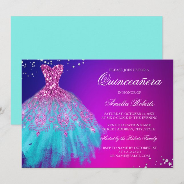 Invitation Robe Turquoise étincelante rose Quinceanera Invita (Devant / Derrière)