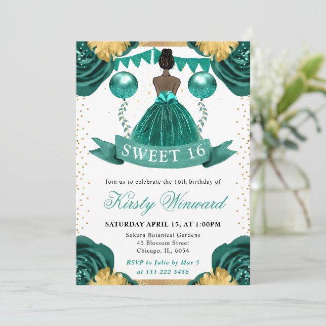 Invitation Robe turquoise Peau foncée Princesse Douce 16 (Debout devant)