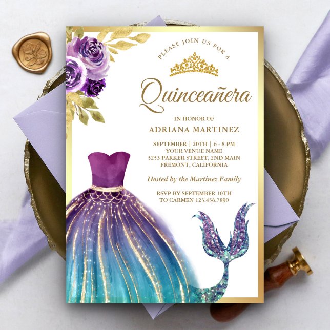 Invitation Robe Turquoise pourpre Queue de sirène or Quincean (Créateur téléchargé)