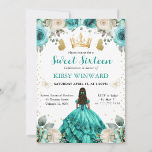 Invitation Robe turquoise Princesse brune Sweet 16