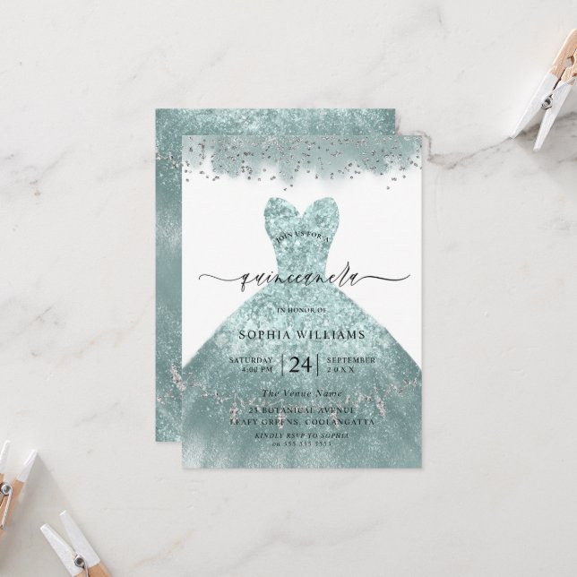 Invitation Robe Turquoise Turquoise Quinceanera Party Invitat (Devant/Arrière en situation)