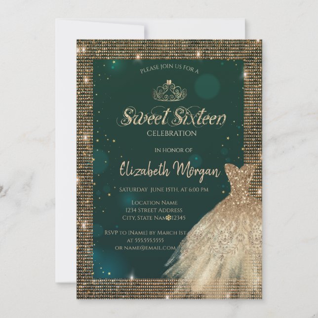 Invitation Robe Vert Chic Tiara, Diamonds Sweet 16 (Devant)
