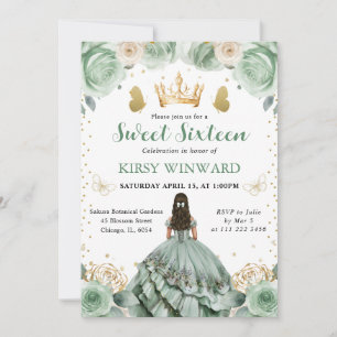 Invitation Robe Vert Sauge Brunette Princesse Sweet 16