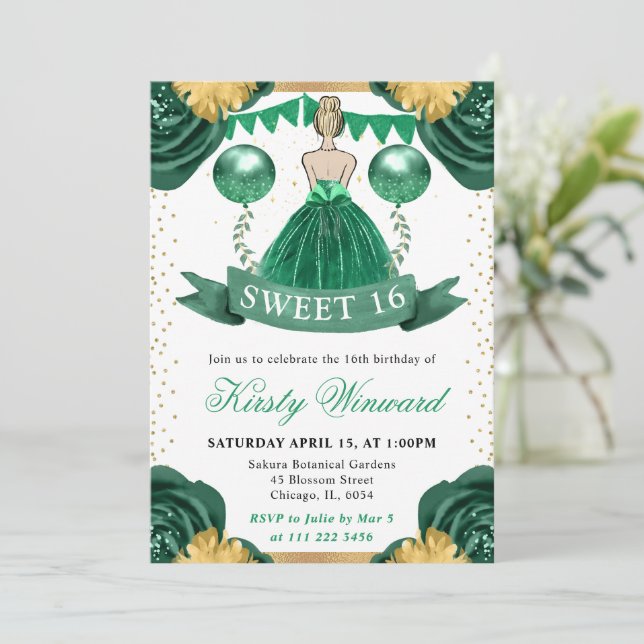 Invitation Robe verte Blonde Cheveux Princesse Sweet 16 (Debout devant)
