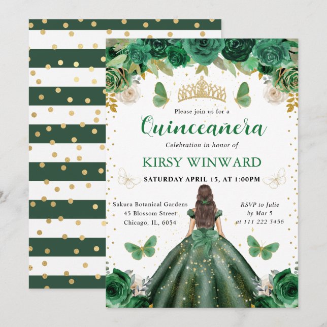 Invitation Robe verte Brunette Princesse Quinceanera (Devant / Derrière)