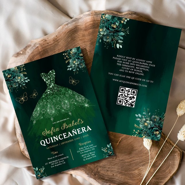 Invitation Robe verte de fleurs QR Code Quinceanera (Créateur téléchargé)