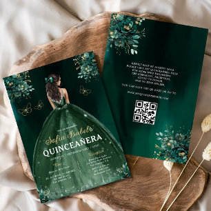 Invitation Robe verte de fleurs QR Code Quinceanera